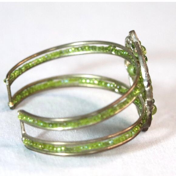 Filagree Cuff Bracelet Silver Tone Green Stones and Beads - Picture 4 of 11